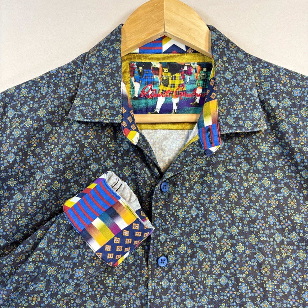 Robert Graham Shirt Mens M Blue Floral Classic Fit Contrast Flip Cuff Embroidery